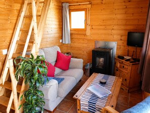 Een gezellig chaletinterieur met een bank, een tafel, een televisie en een open haard.