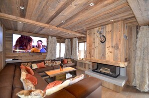 Televisión, chimenea, libros y estéreo