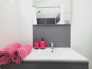 Douche, sèche-cheveux, serviettes fournies, savon