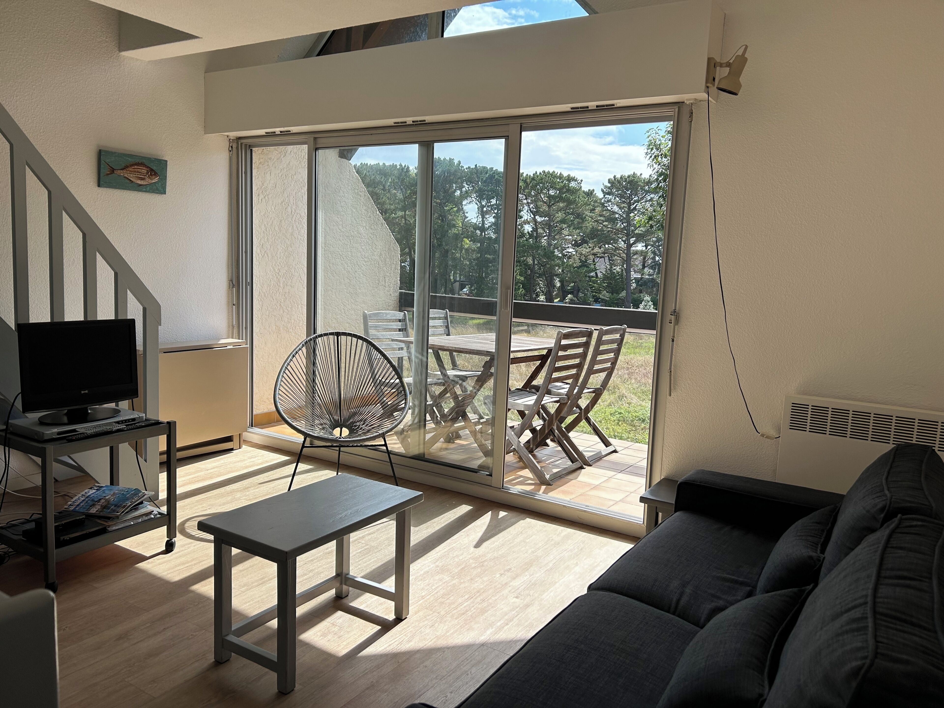 Un salon comprenant un téléviseur, un canapé, une table et une chaise. Une porte-fenêtre coulissante donne accès à une terrasse extérieure avec une table et des chaises.