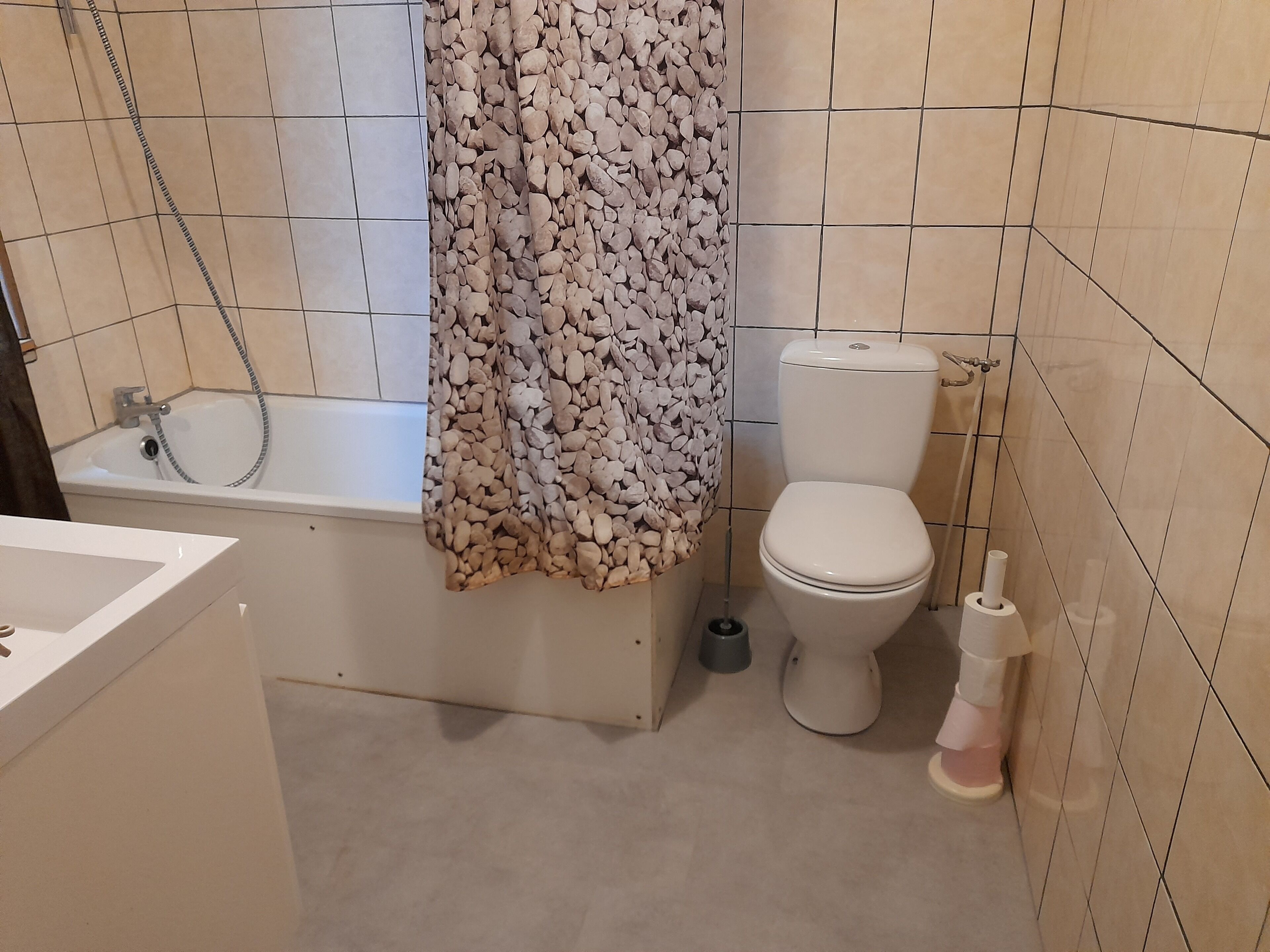 A bathroom with a bathtub, toilet, and a shower curtain.