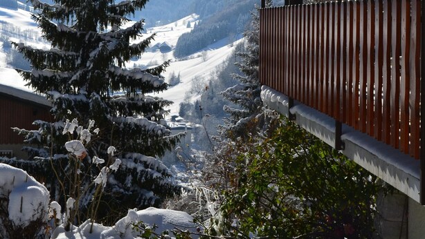 A snow-covered landscape with a wooden balcony and a view of snow-covered trees and mountains. - L'Eterle de Motzon en Bauges: in the mountains, snow, skiing, hiking, relaxation... (Aillon-le-Jeune)