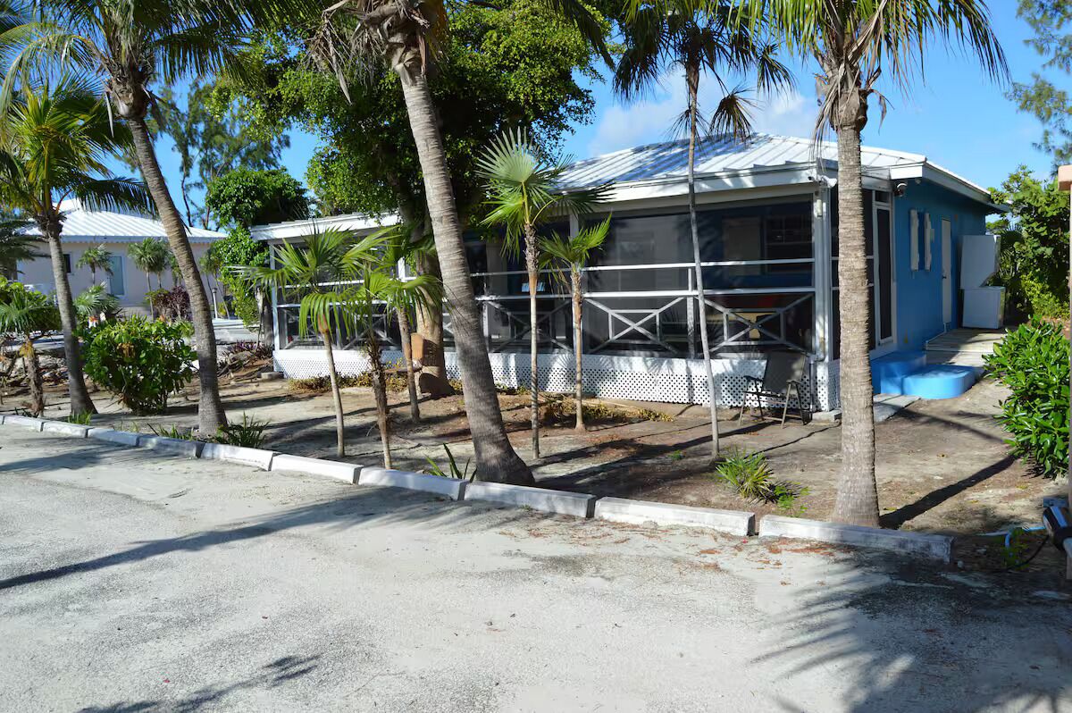 A house with a covered porch, surrounded by palm trees and a clear sky.