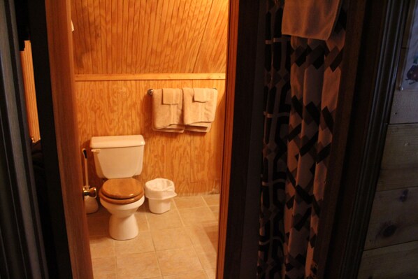 A wooden-paneled bathroom with a toilet, a bidet, and a towel rack.