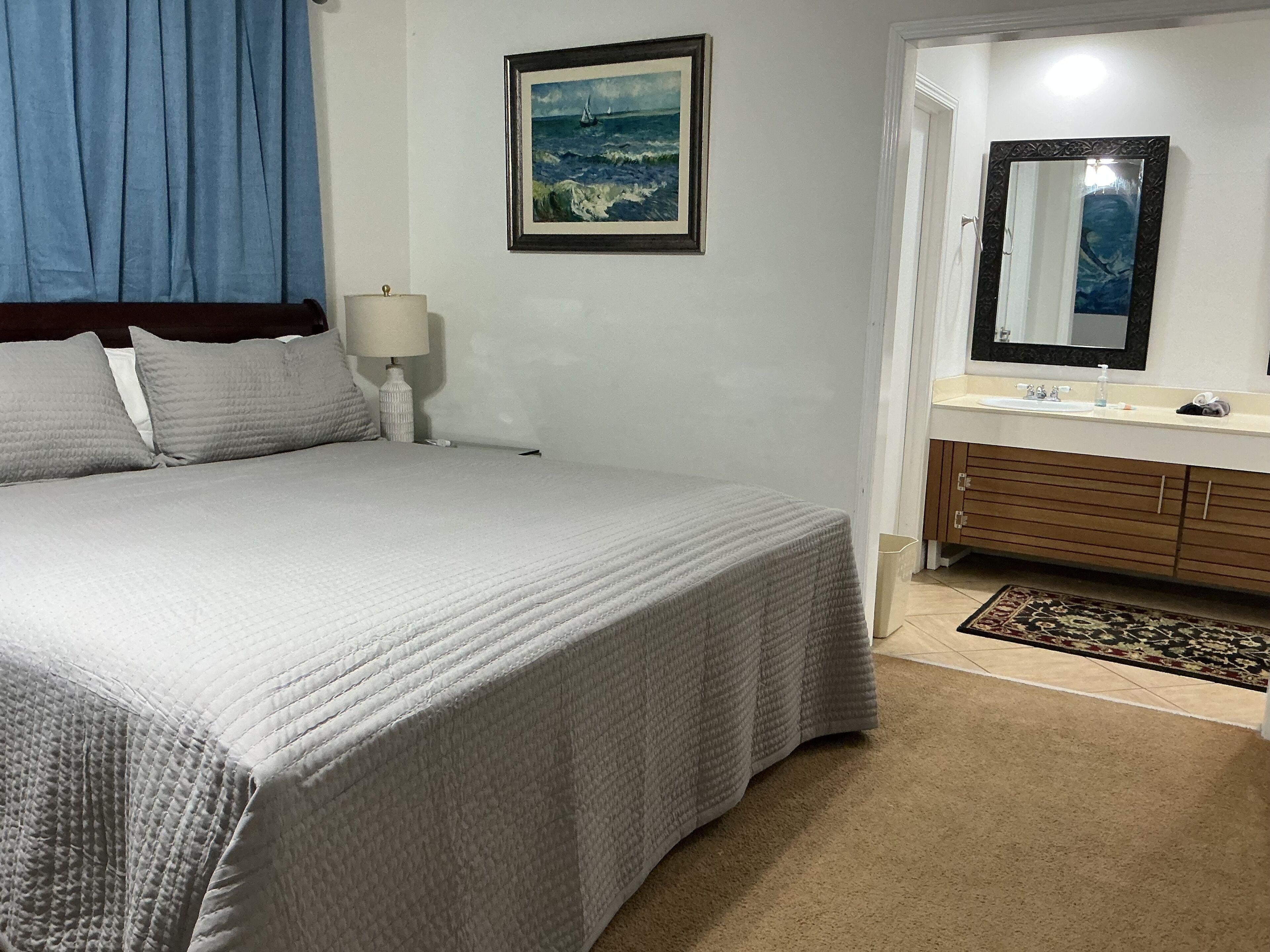 Une chambre à coucher avec un lit, une table de chevet, une lampe, un tableau, une salle de bain avec un lavabo, un miroir et un tapis.