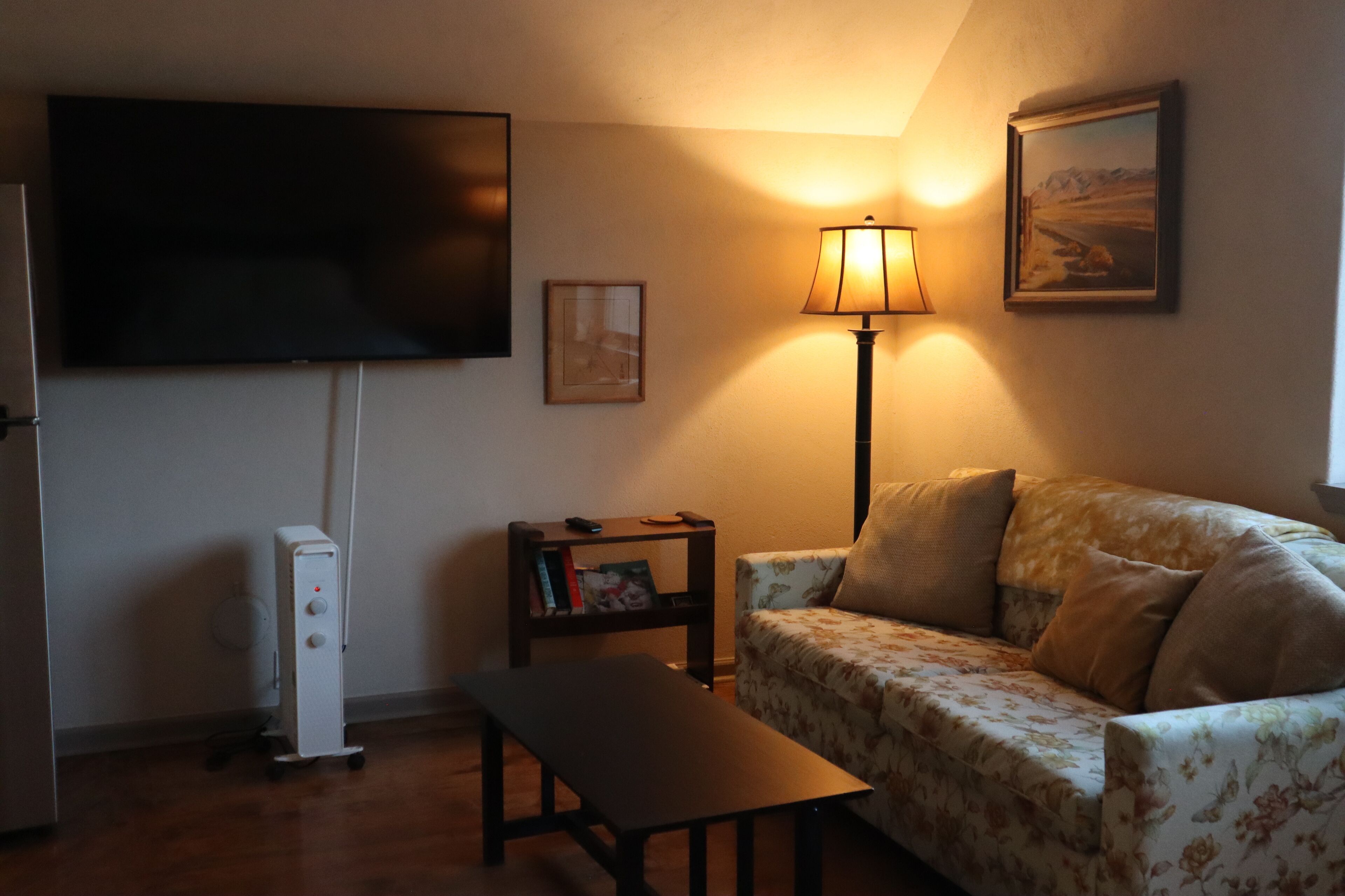A living room with a flat-screen TV, a standing heater, a sofa, a table, a lamp, and a framed picture on the wall.