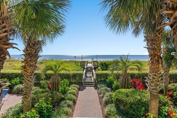 A pathway leading to a beach with palm trees and a view of the ocean.
