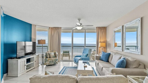 A spacious living room with a television, seating area, and a view of the ocean. - Upscale Oceanfront Condo, Jacuzzi Tub, Lazy River | North Shore Villas - 405 (North Myrtle Beach)