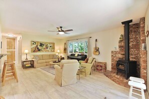 TV, fireplace, books