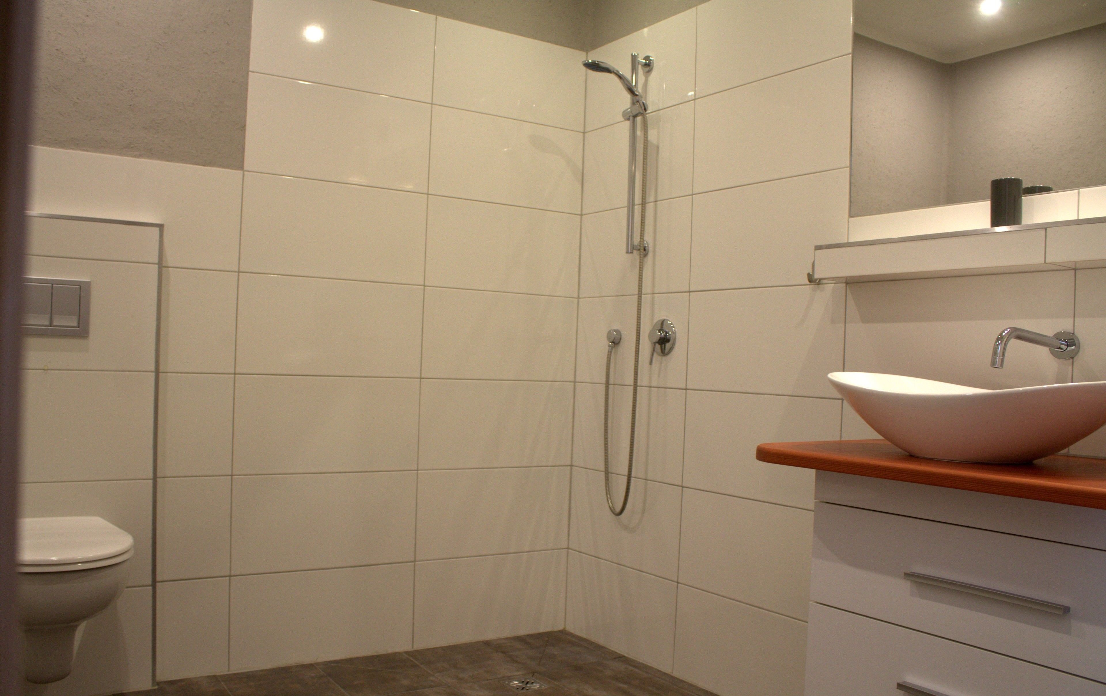 A modern bathroom with a shower, toilet, and sink.