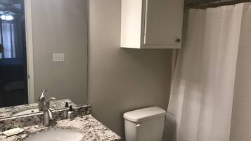 Combined shower/tub, hair dryer, towels, soap