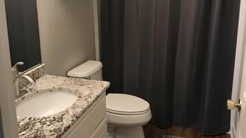 Combined shower/bathtub, hair dryer, towels, soap