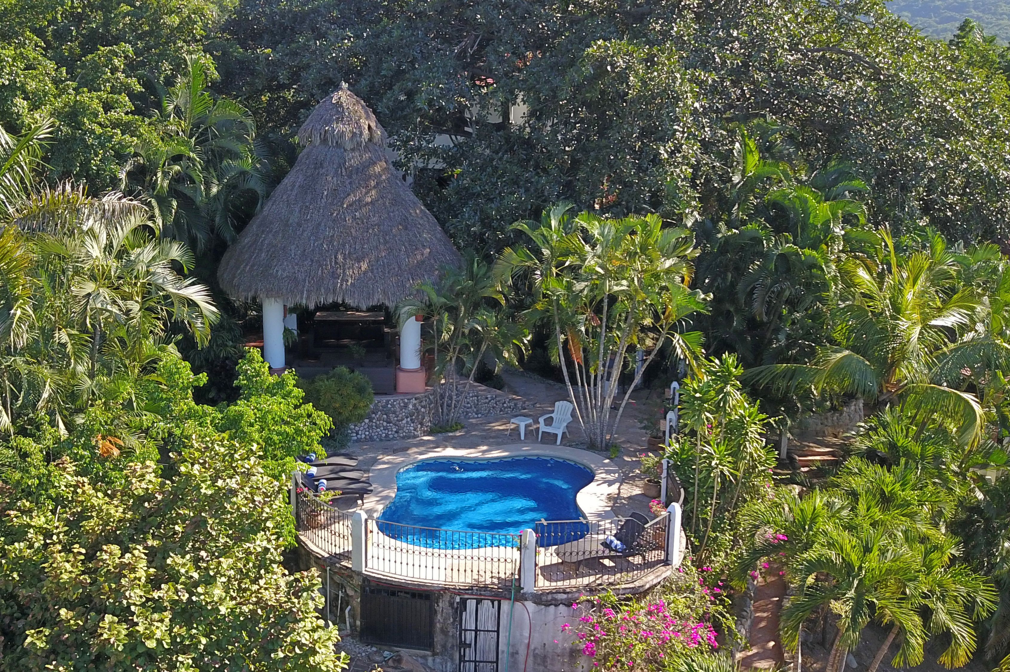 Alberca al aire libre, sombrillas en la alberca y camastros 