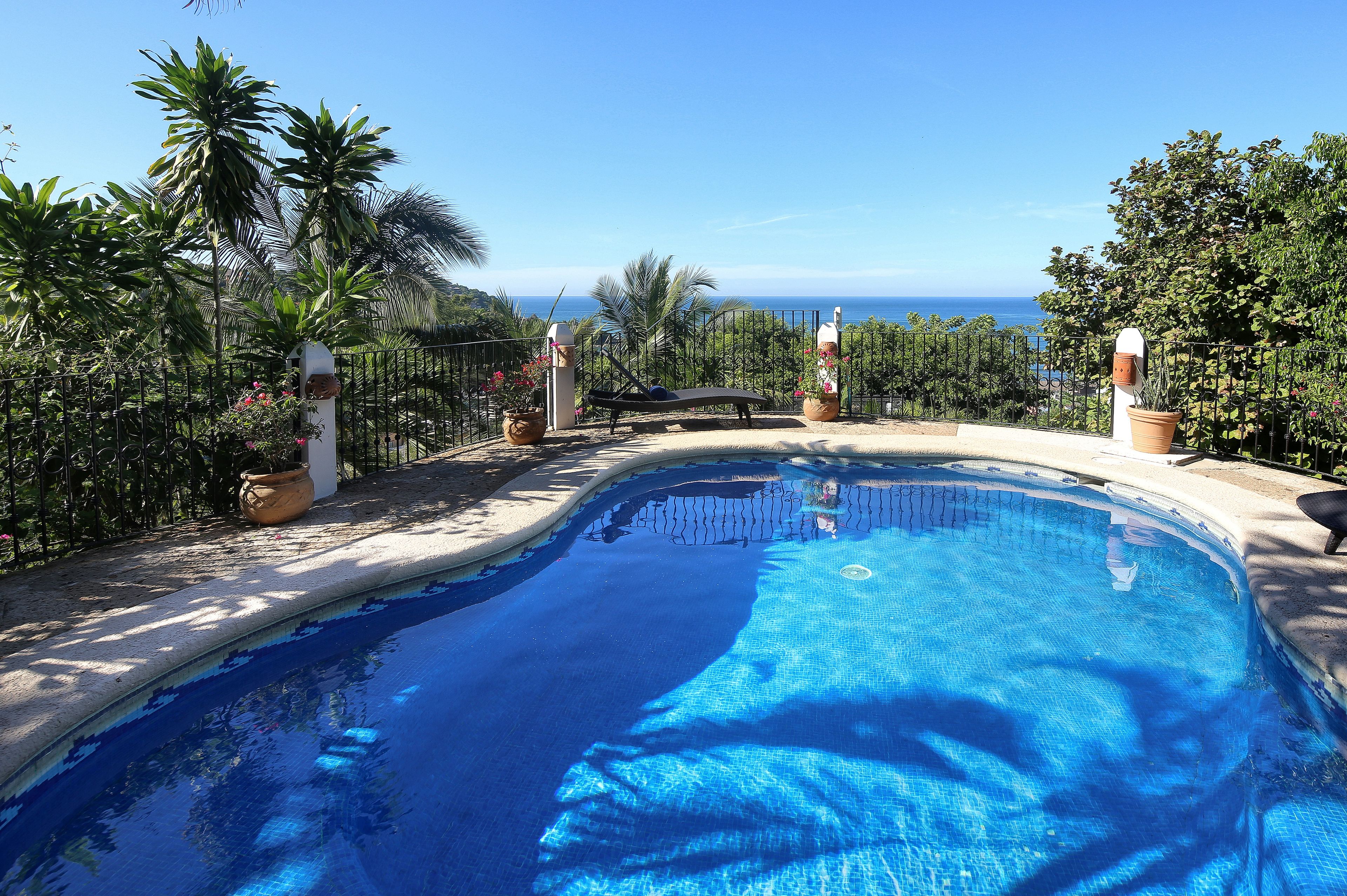 A swimming pool with a view of the ocean, surrounded by palm trees and a metal fence.