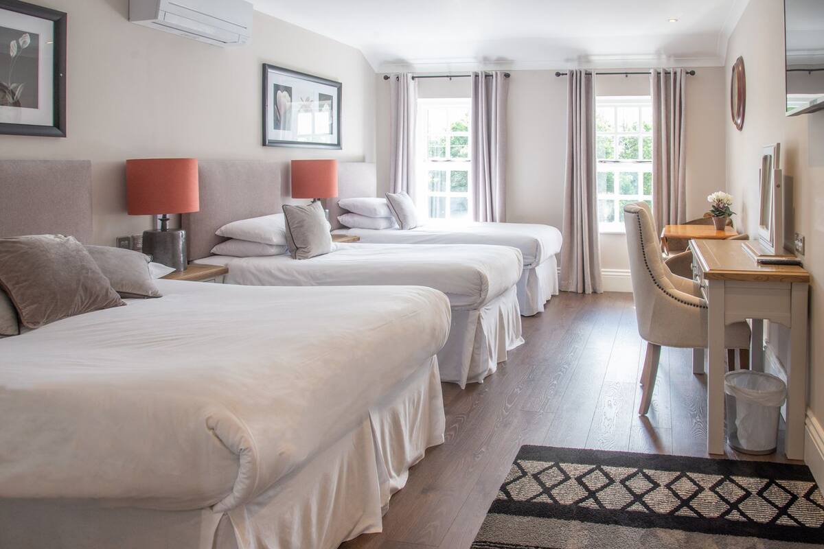 A hotel room with three beds, a desk, a chair, and a trash bin.