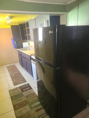 A kitchen with a black refrigerator, cabinets, and a patterned rug.