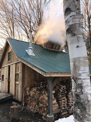 A wooden cabin with a metal roof, a chimney emitting smoke, and a stack of firewood outside.