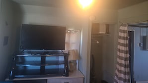 A room with a ceiling fan, a television on a stand, a lamp, and a shower area with a striped curtain.