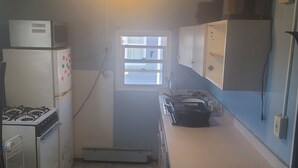 A compact kitchen with a gas stove, a microwave, a refrigerator, a ceiling fan, and a window.
