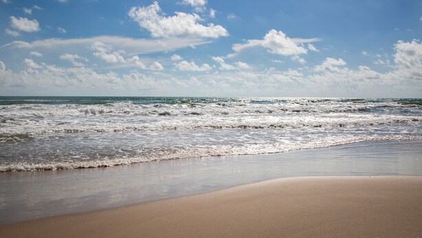 Uma praia com ondas e céu claro.