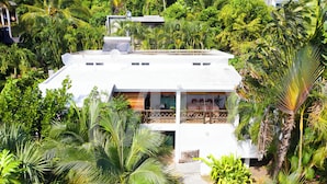 Una casa moderna rodeada de exuberante vegetación tropical.