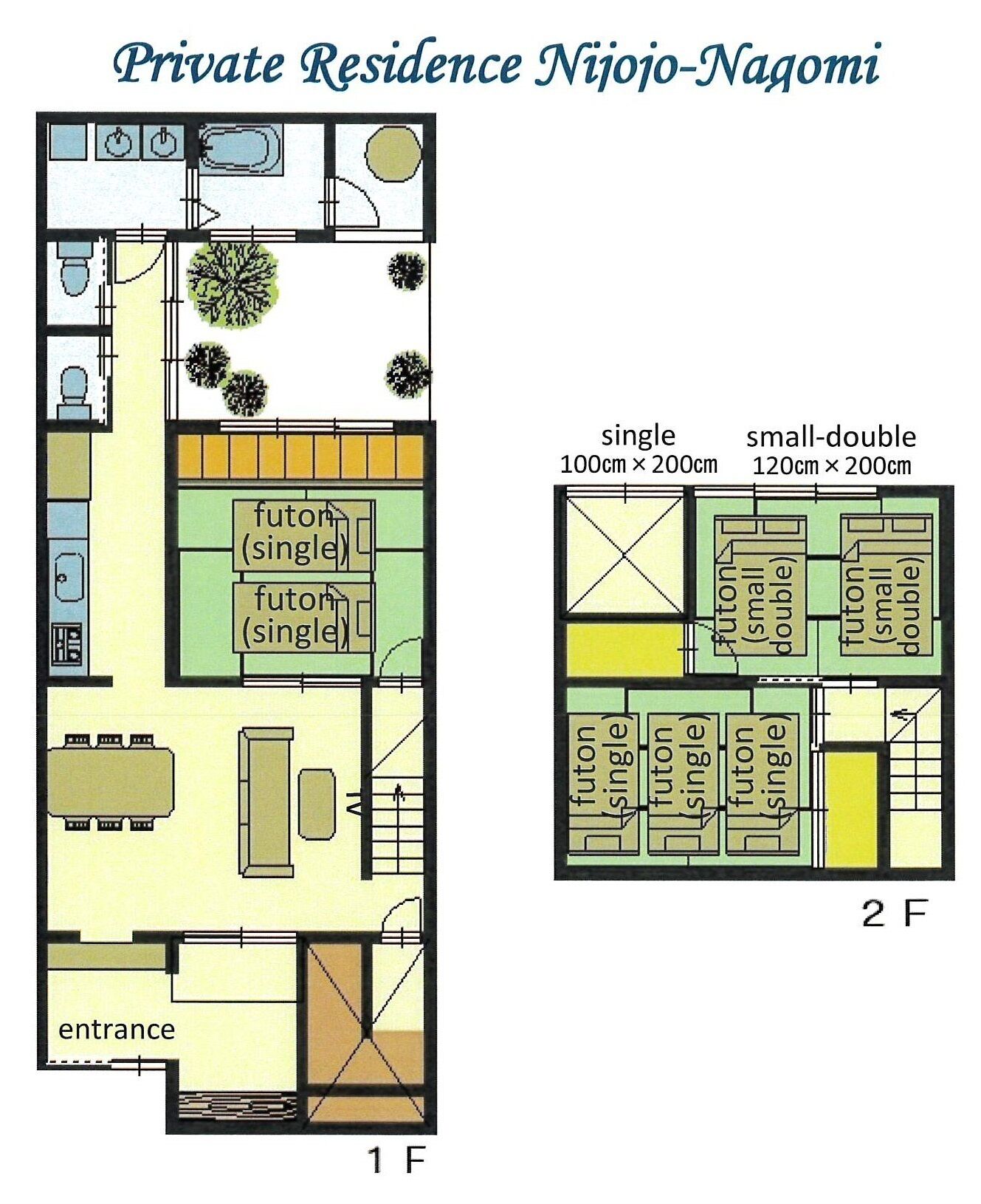 A floor plan of a private residence with two bedrooms, a living room, a kitchen, and an entrance.