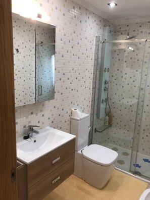Shower, hair dryer, bidet, towels