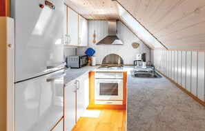 Fridge, stovetop, dishwasher, coffee/tea maker