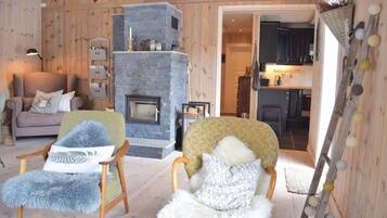 Televisie, een open haard en een dvd-speler