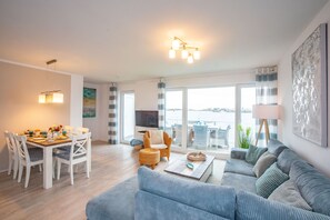 TV, fireplace, books, stereo