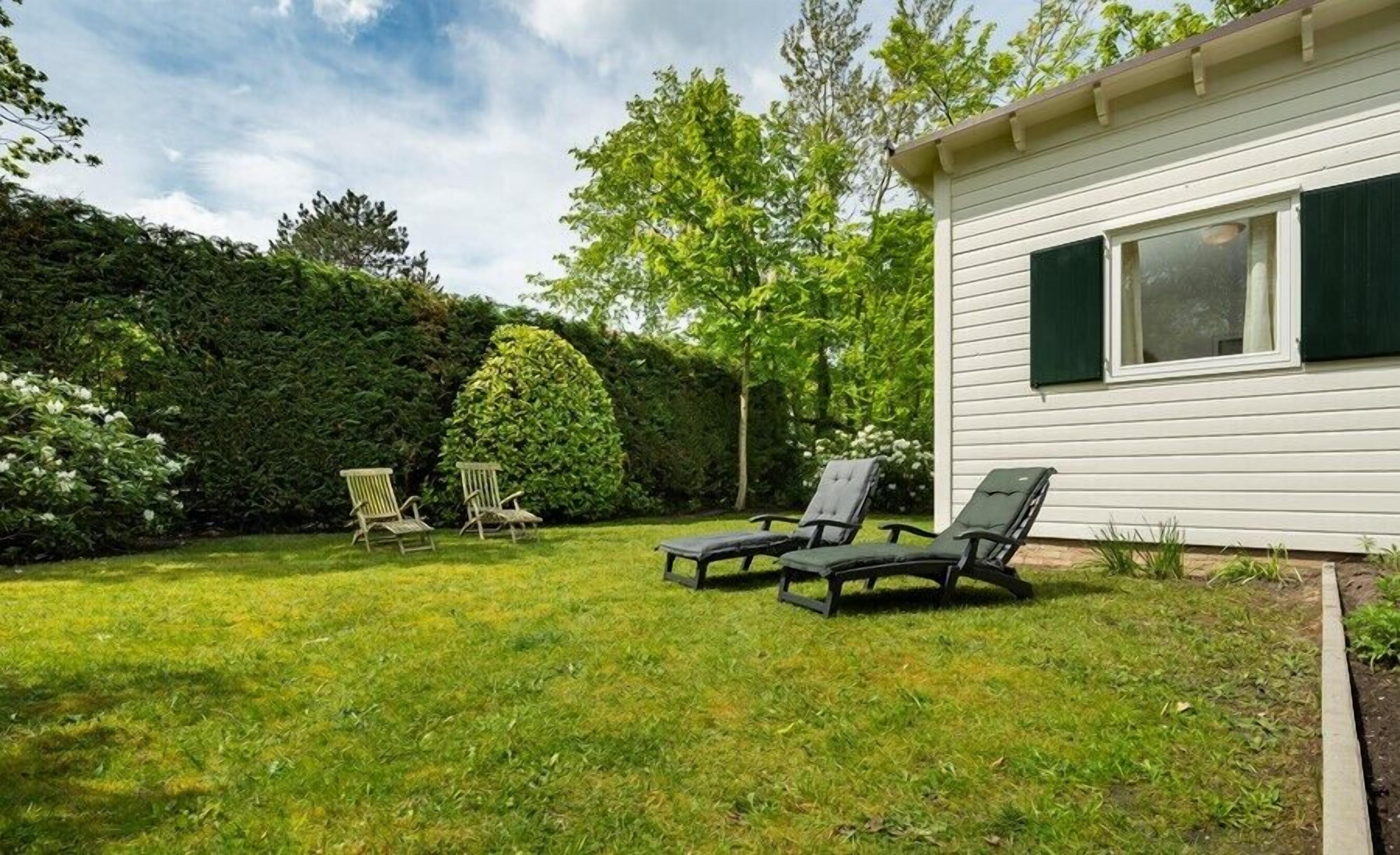 A backyard with a lawn, two lounge chairs, and a small garden area with a hedge and a tree.