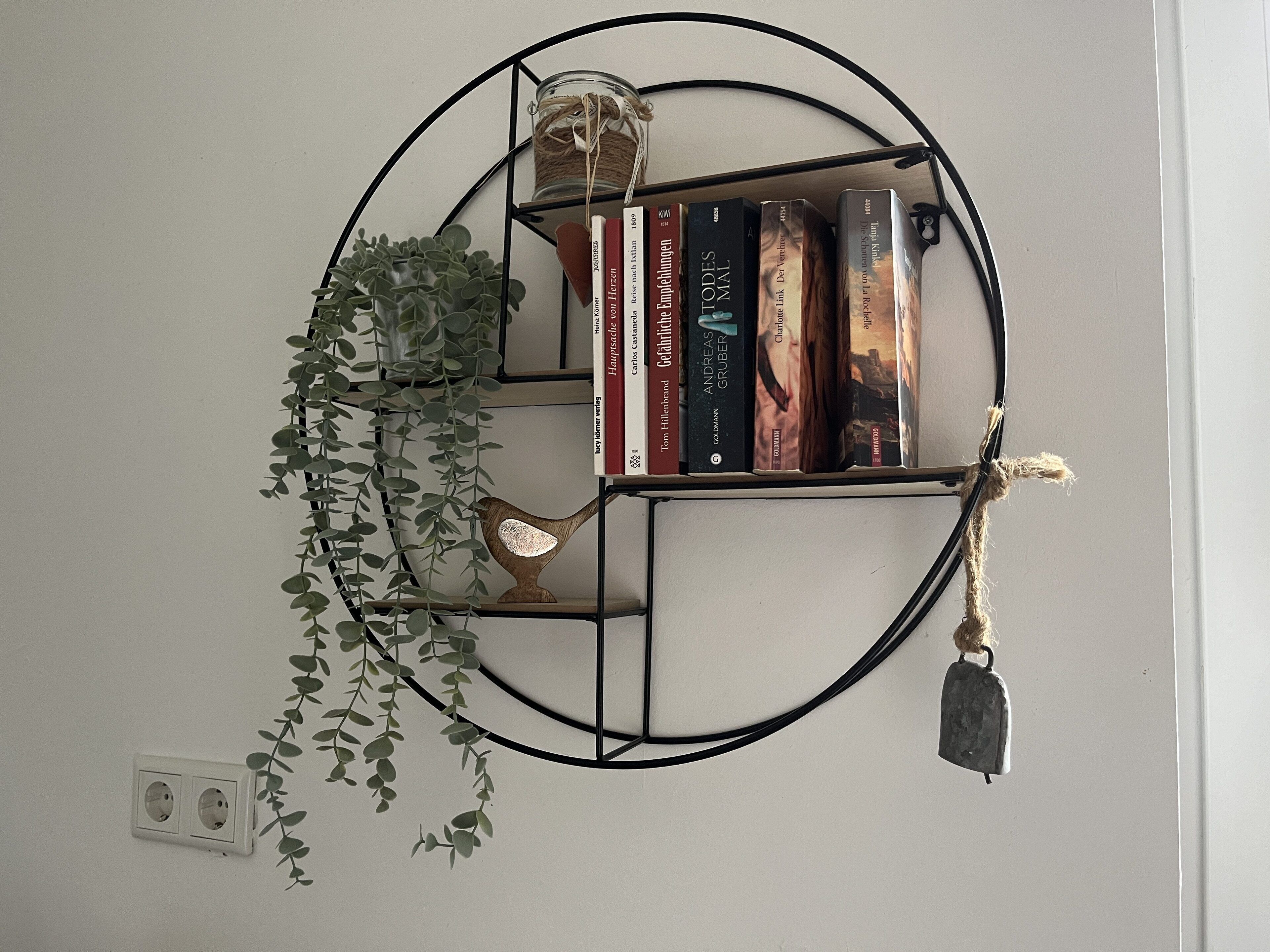 A circular bookshelf with books and a small plant.