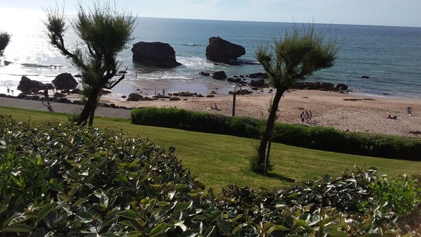 A coastal landscape with a sandy beach, rocky outcrops, and a grassy area with small trees. - Apartment in detached house, quiet residential area "L'Orée du lac" (Biarritz)