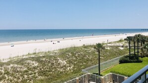 A beach view with a clear sky, sandy beach, and a few people.