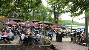 Un espace de restauration en plein air, avec des tables et des chaises, entouré d’arbres et agrémenté de parasols.