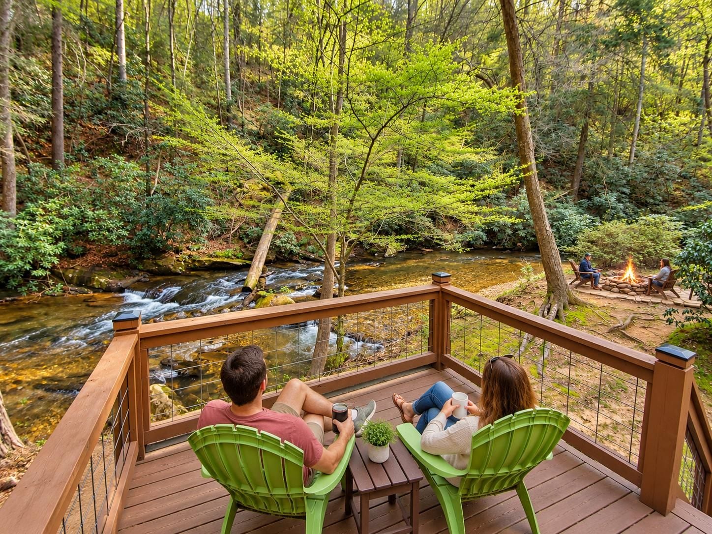 A deck overlooking a forested area with a stream, two chairs, and a fire pit.