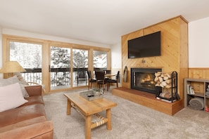Smart TV, fireplace, books