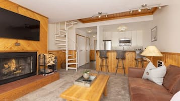 TV connectée, cheminée, livres