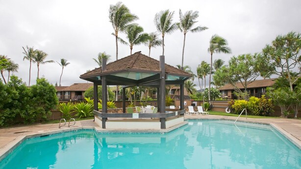 A swimming pool with a gazebo, palm trees, and lounge chairs.