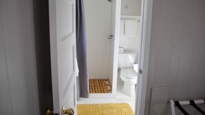 A bathroom with a toilet, shower, and a yellow rug.