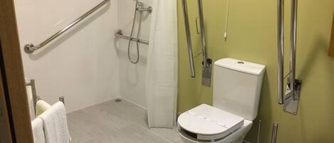 Een badkamer met douche, toilet en handgrepen.