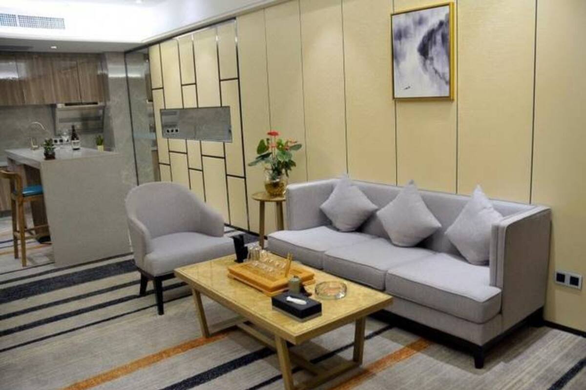 A modern living room with a grey sofa, a wooden coffee table, and a striped rug.