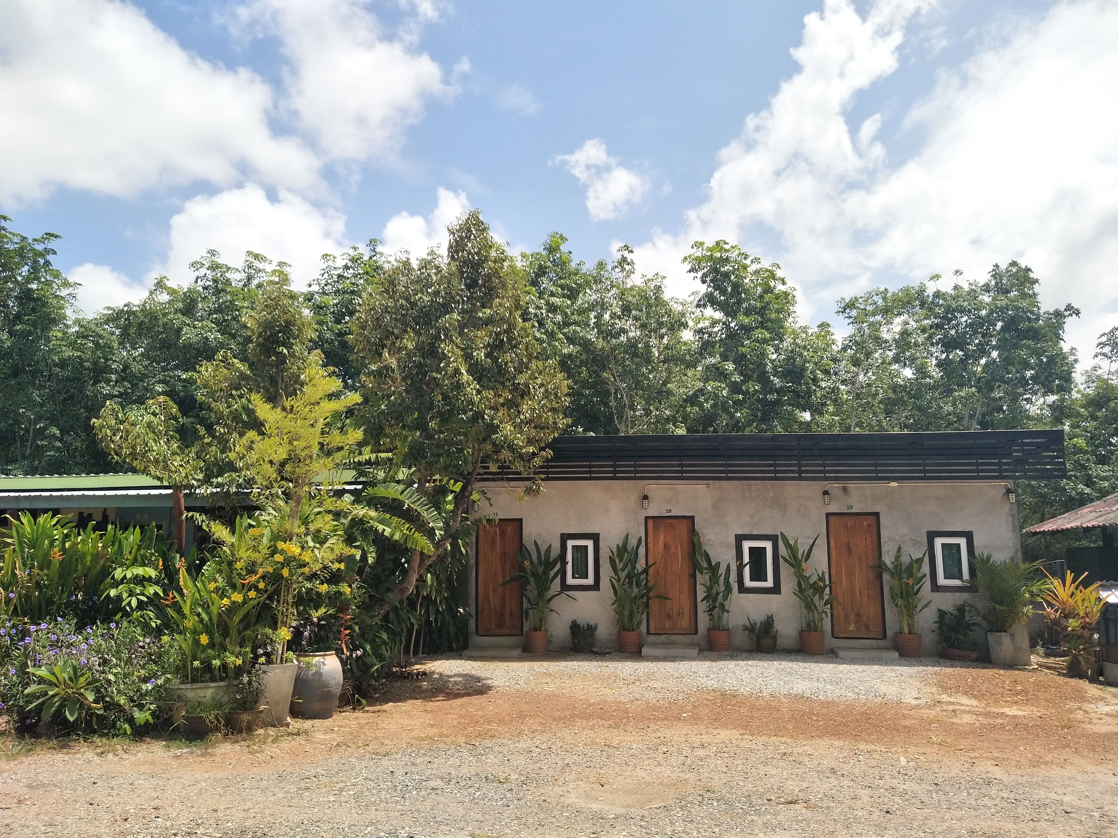 A building with a simple facade, multiple wooden doors, and potted plants in front.