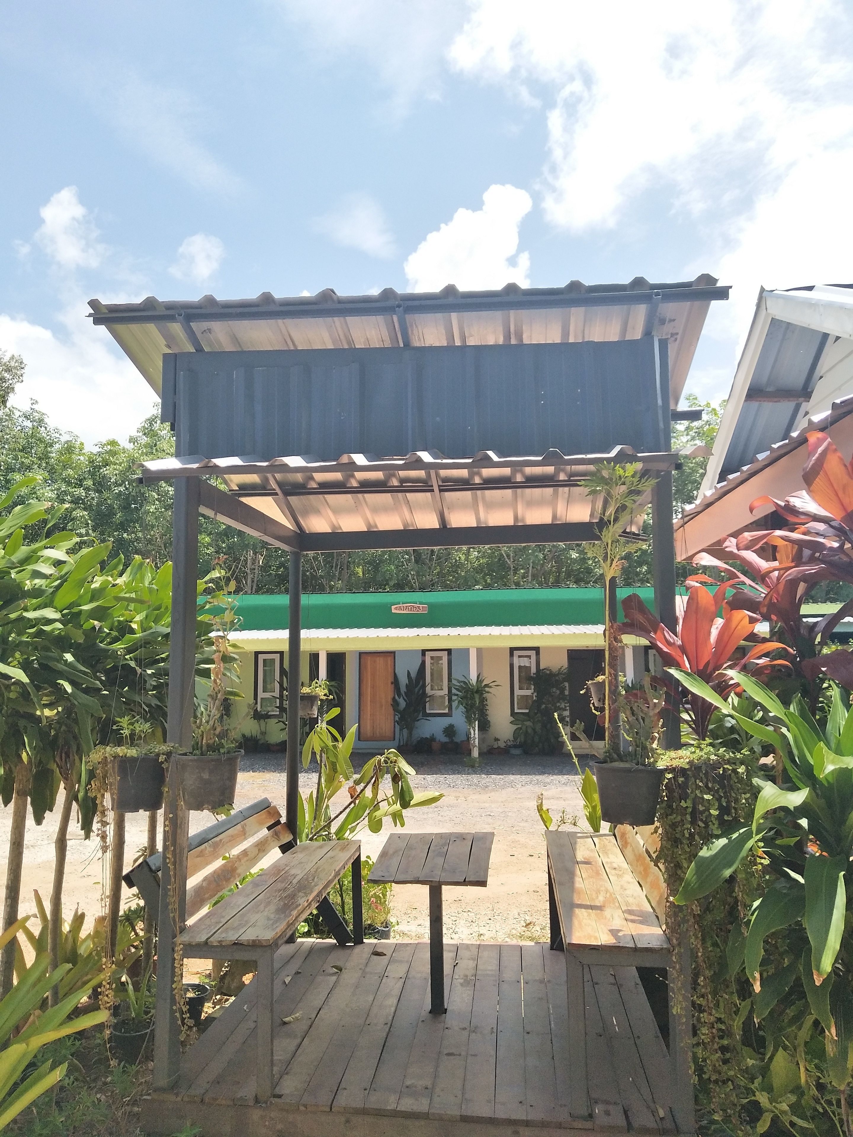 Un espace extérieur abrité, avec une table en bois et des bancs, entouré de plantes en pot et, au fond, d’un bâtiment doté d’un toit végétalisé.