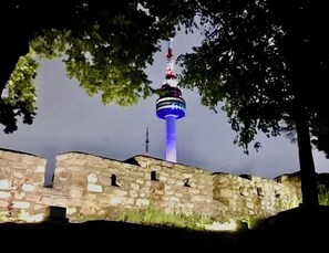 A stone wall with a tower in the background.