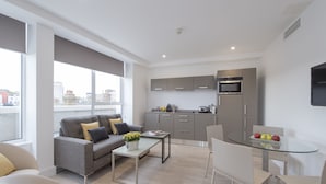 A modern apartment with a living area, kitchen, and dining space.