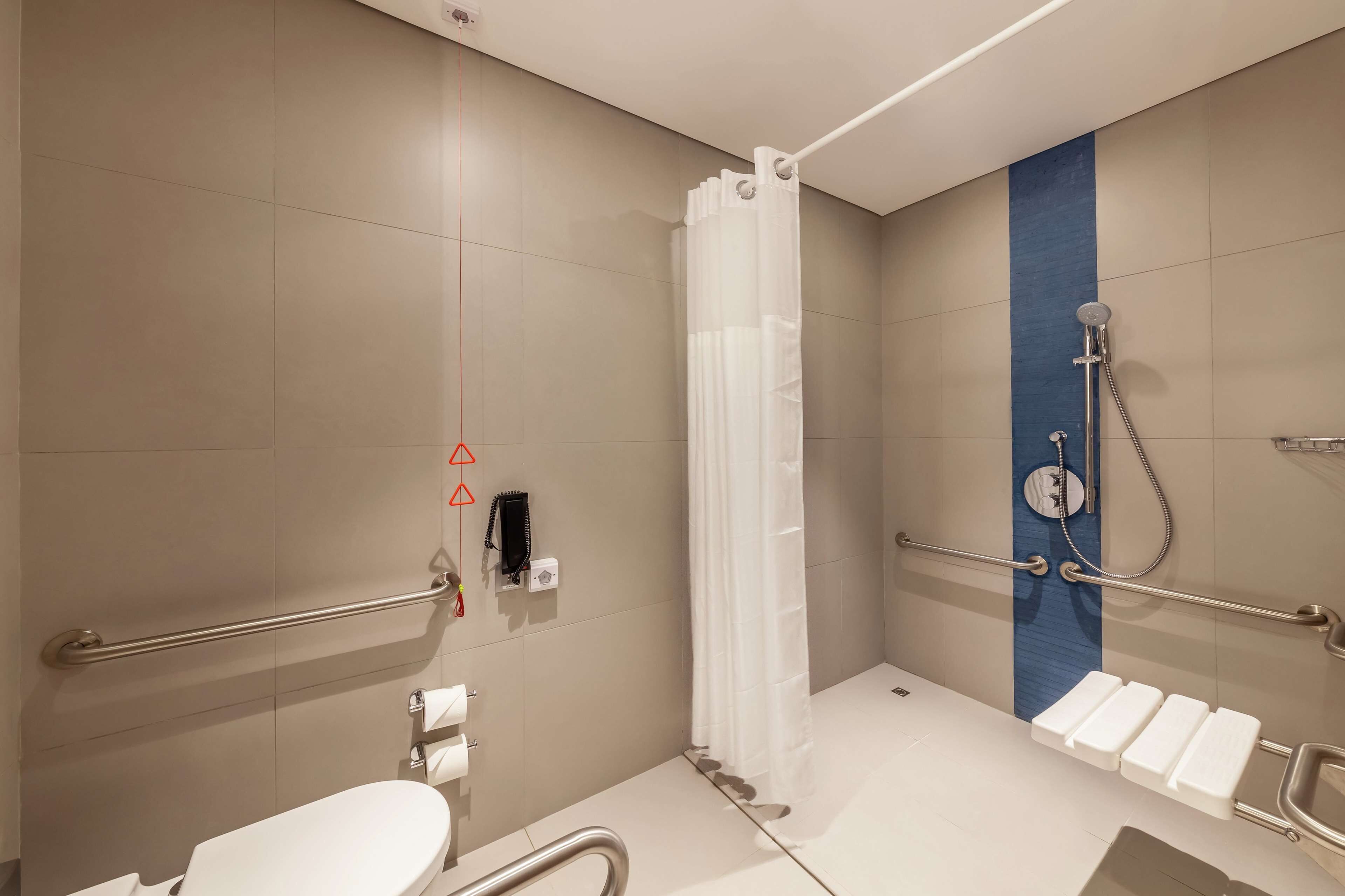 Een moderne badkamer met toilet, een douche met handdouche, een greep en een witte toiletrolhouder.