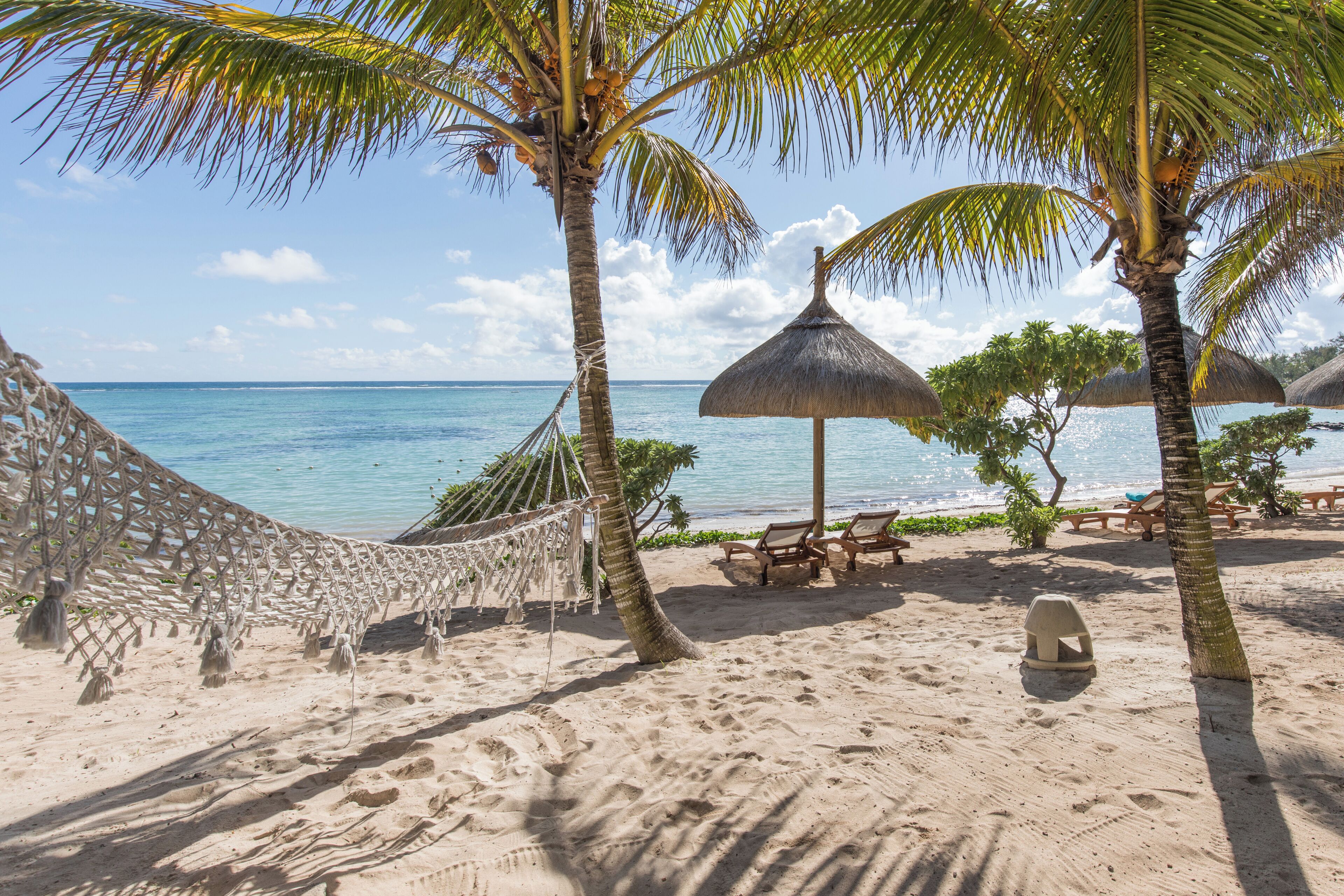 A beach with a hammock, thatched umbrellas, and lounge chairs.