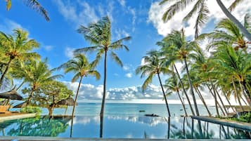 Outdoor pool, pool umbrellas, pool loungers