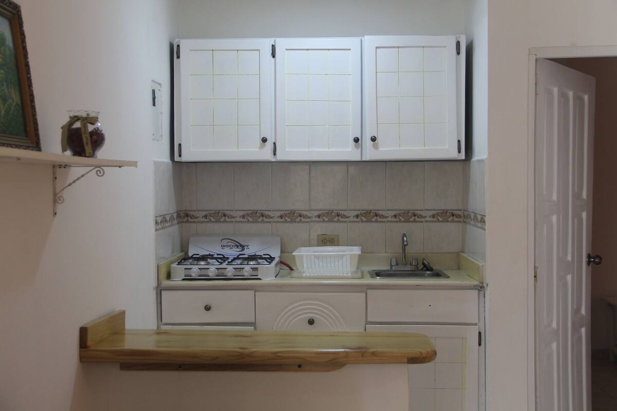 basic suite, 1 double bed, pool view | private kitchen | fridge